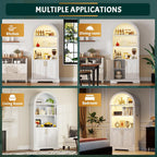 Vlsrka 71" Tall Arched Cabinet, Kitchen Pantry Cabinets, Arched Bookshelf/Bookcase,China Cabinet, Wood Kitchen Storage Cabinets with Open & Adjustable Shelves, Induction 3 Color Lights, White