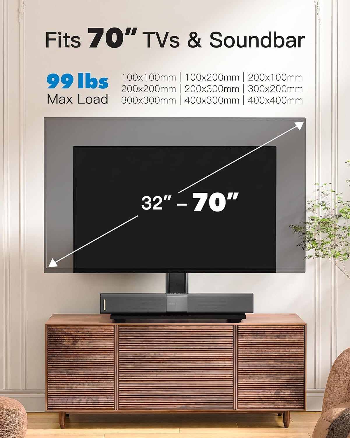 PERLESMITH Universal TV Stand Legs for 32-70 inch TVs, Table Top TV Stand up to 99 lbs, Height Adjustable Television TV Mount, Universal TV Base for Livingroom & Bedroom, VESA 400x400mm PSTVS04-N2