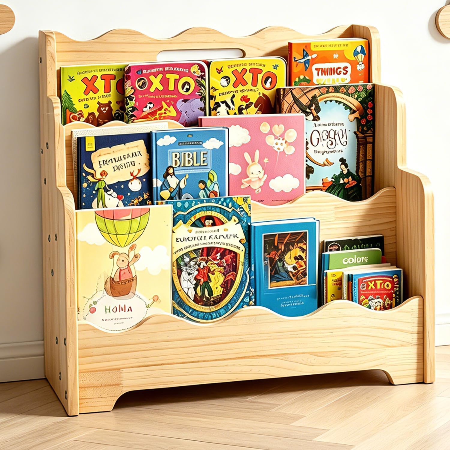 LINMAGCO Scalloped Kids Bookshelf, 3-Tier Montessori Toddler Bookcase, Front-Facing Book Organizer with Handle, Solid Pine Wood, Nursery Book Shelves for Bedroom Playroom Classroom & Reading Corner