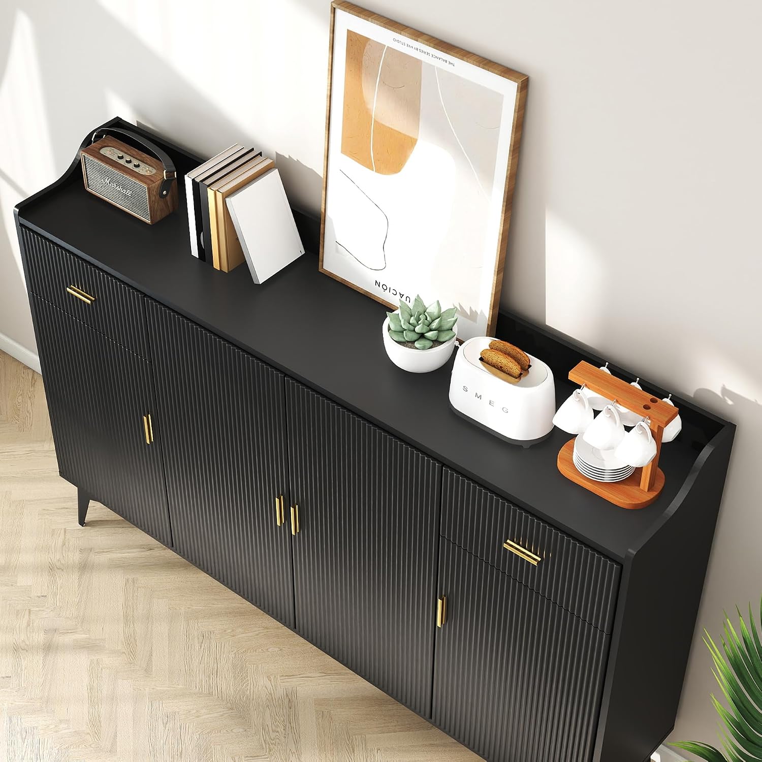 Sideboard Buffet Cabinet with Storage: 63" Black Credenza Storage Cabinet with Drawers, Modern Tall Fluted Buffet Cabinets with 4 Doors for Living Room and Kitchen (63")