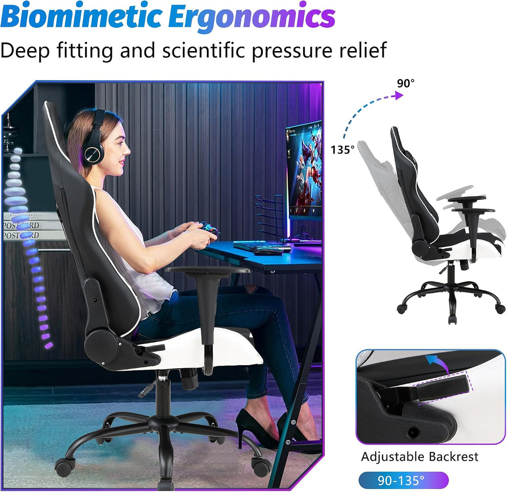 PayLessHere Gaming Chair Desk Chair Ergonomic High Back Computer Chair with Adjustable Lumbar Support, Armrests, and Racing-Inspired Design for Office and Home Use (White)