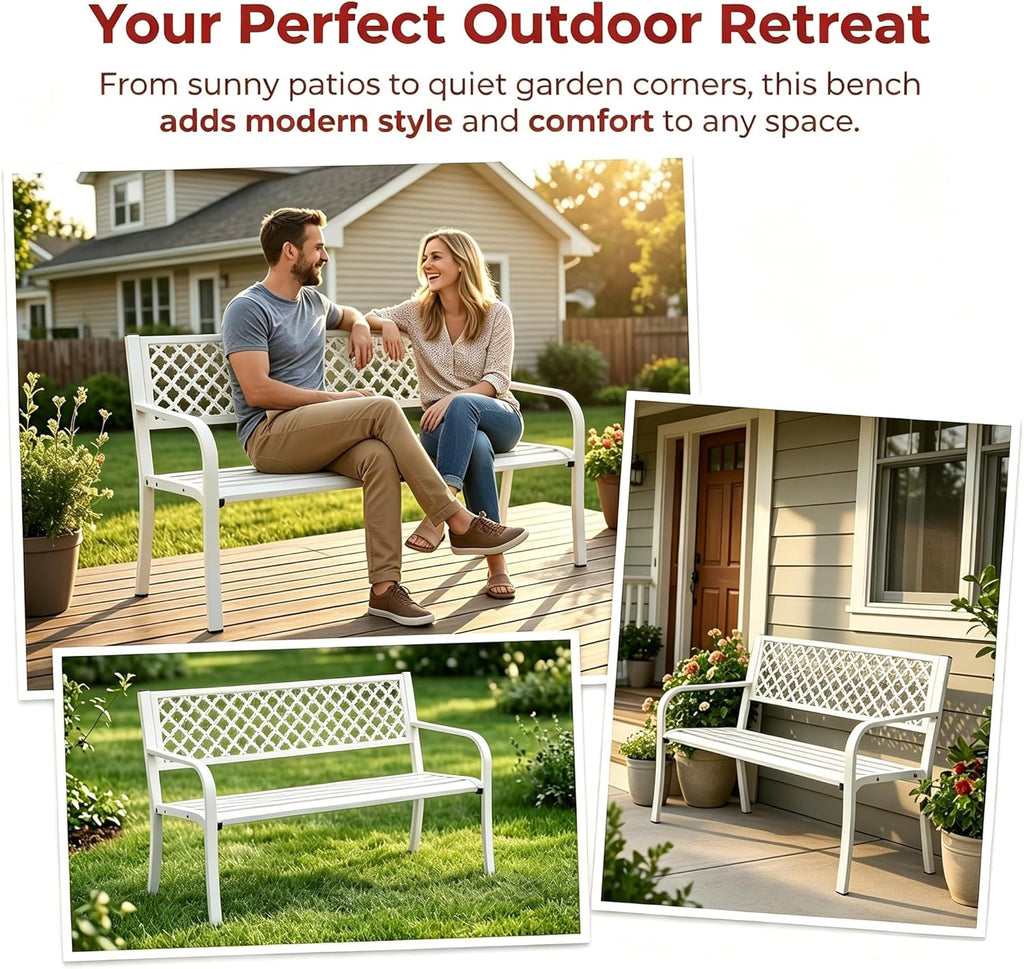 Heavy Duty White Metal Patio Garden Bench for 2 – 50" Wide, 790 lbs Capacity – Weather Resistant – Geometric Backrest & Slatted Seat – Porch, Deck, Entryway, Backyard Seating – White