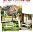 Heavy Duty White Metal Patio Garden Bench for 2 – 50" Wide, 790 lbs Capacity – Weather Resistant – Geometric Backrest & Slatted Seat – Porch, Deck, Entryway, Backyard Seating – White