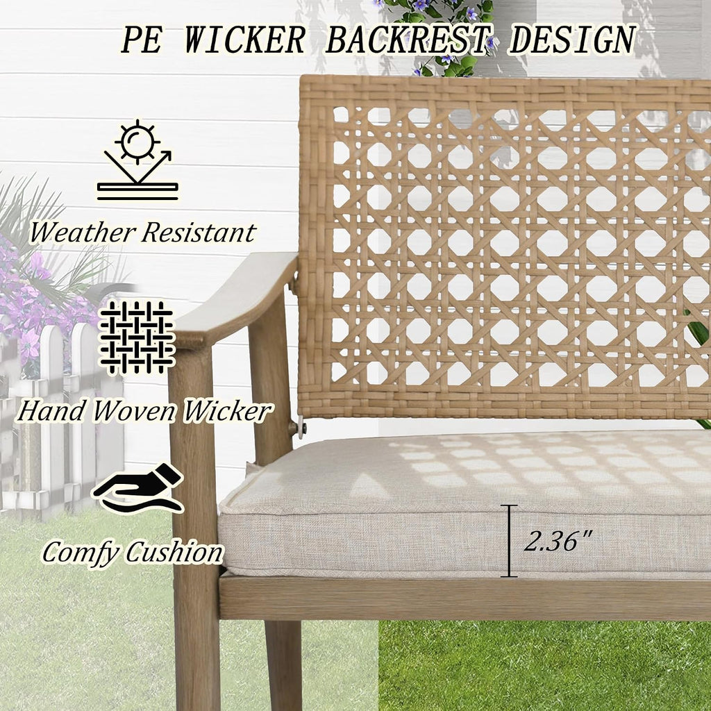 NOBLEMOOD Outdoor Patio Bench with Cushion, 2-Person Garden Loveseat Bench with Wicker Backrest, Aluminum Frame for Outside, Garden, Lawn, Front Porch, Backyard