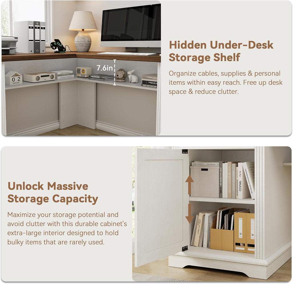 Farmhouse L Shaped Executive Desk with 4 Drawers and Charging Station, Wood Corner Home Office Computer Desk with File Cabinet Storage, Hidden Under Desk Storage Shelf, Headphone Hook - Brown+White
