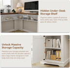 Farmhouse L Shaped Executive Desk with 4 Drawers and Charging Station, Wood Corner Home Office Computer Desk with File Cabinet Storage, Hidden Under Desk Storage Shelf, Headphone Hook - Brown+White