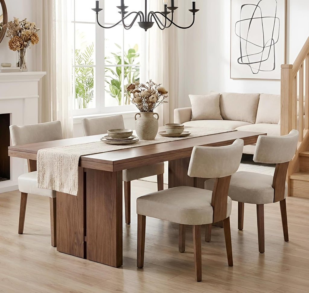 Shunzhi Grey Leather Dining Chairs Set of 4, Upholstered Wooden Dining Room Chairs, Mid Century Modern Farmhouse PU Kitchen Chairs, Accent Armless Side Chairs with Curved Back for Living Room, 4PCS