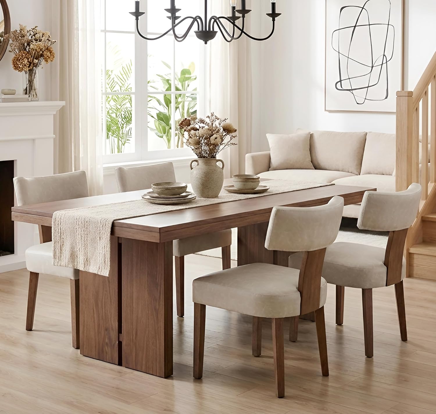 Shunzhi Grey Leather Dining Chairs Set of 4, Upholstered Wooden Dining Room Chairs, Mid Century Modern Farmhouse PU Kitchen Chairs, Accent Armless Side Chairs with Curved Back for Living Room, 4PCS
