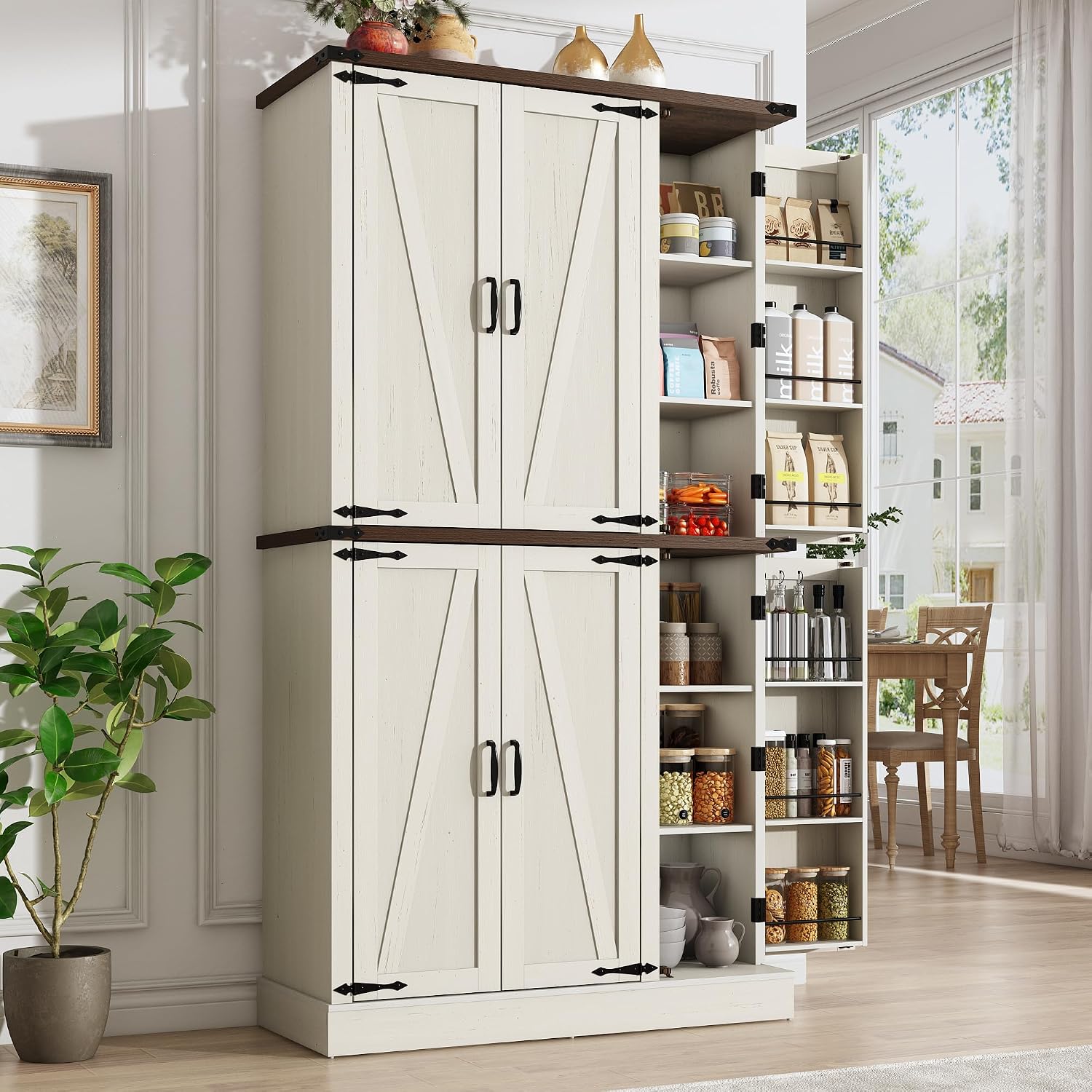 chartustriable 71in Farmhouse Kitchen Pantry Cabinet,Freestanding Tall Storage Cabinet with 6 Barn Doors,Organizer,Rustic Wood Storage Cabinets for Kitchen,Dining Room,Bathroom(White)