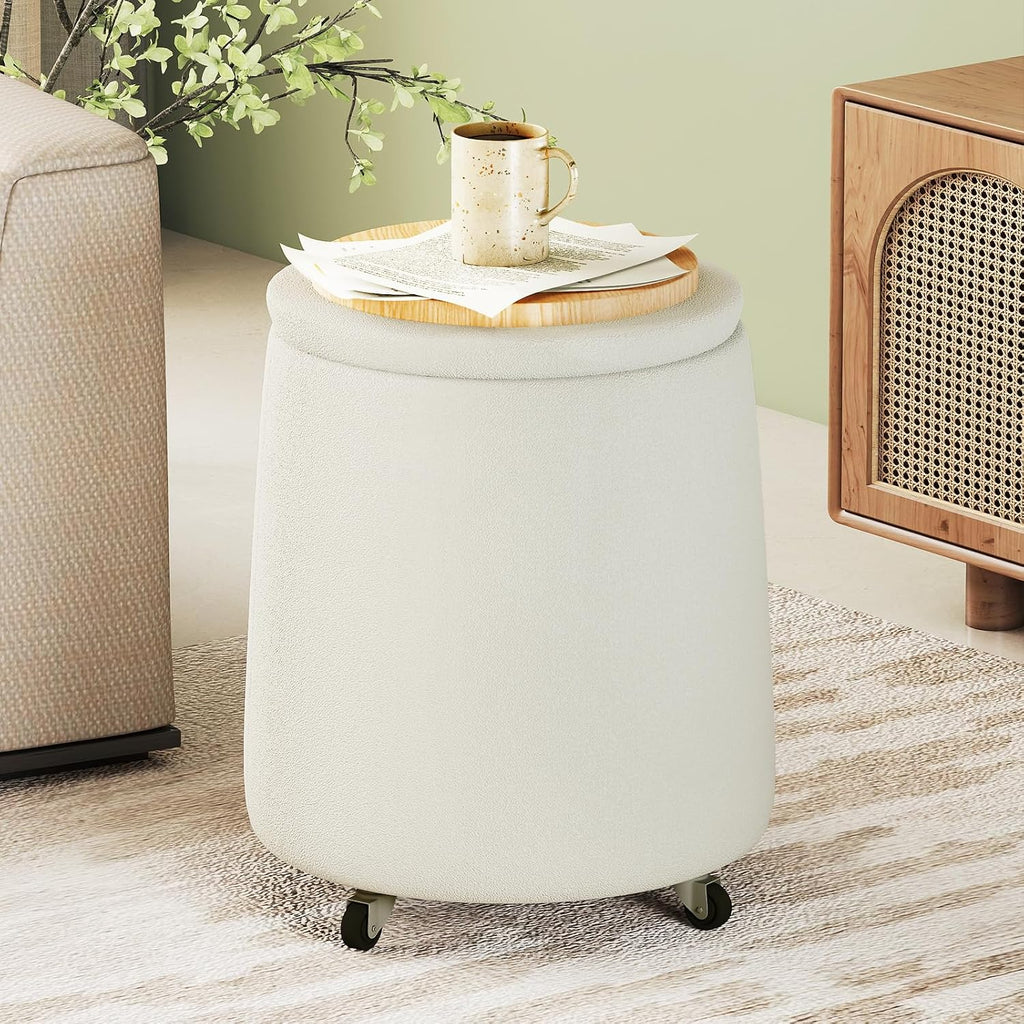 Storage Ottoman with Wheels, 15“W Swivel Rolling Foot Stool Boucle Terry Fabric Coffee Table Ottoman with Hidden Storage, Round Vanity Stools for Makeup Room Living Room Bedroom Entryway Dorm, Beige