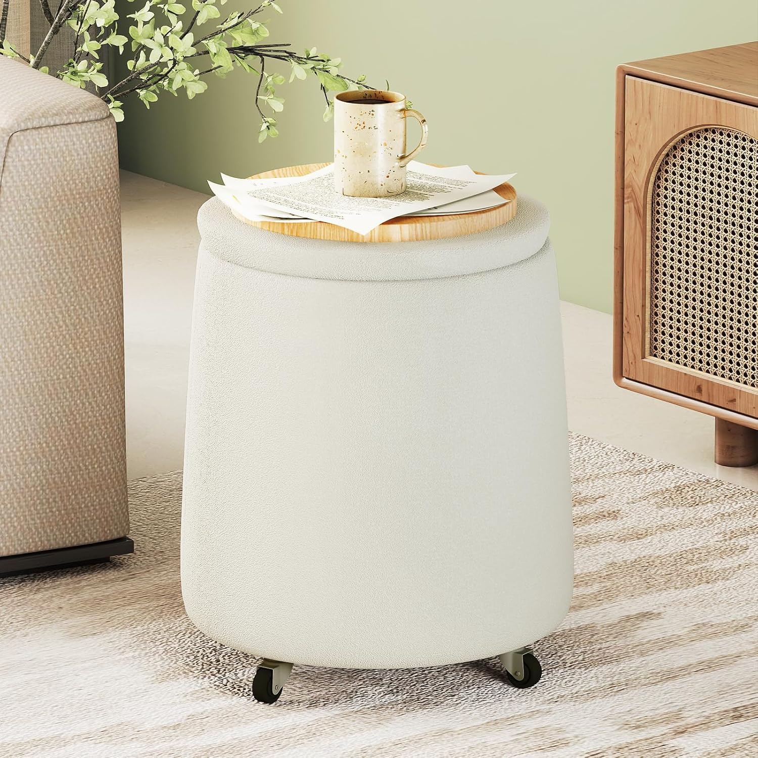 Storage Ottoman with Wheels, 15“W Swivel Rolling Foot Stool Boucle Terry Fabric Coffee Table Ottoman with Hidden Storage, Round Vanity Stools for Makeup Room Living Room Bedroom Entryway Dorm, Beige