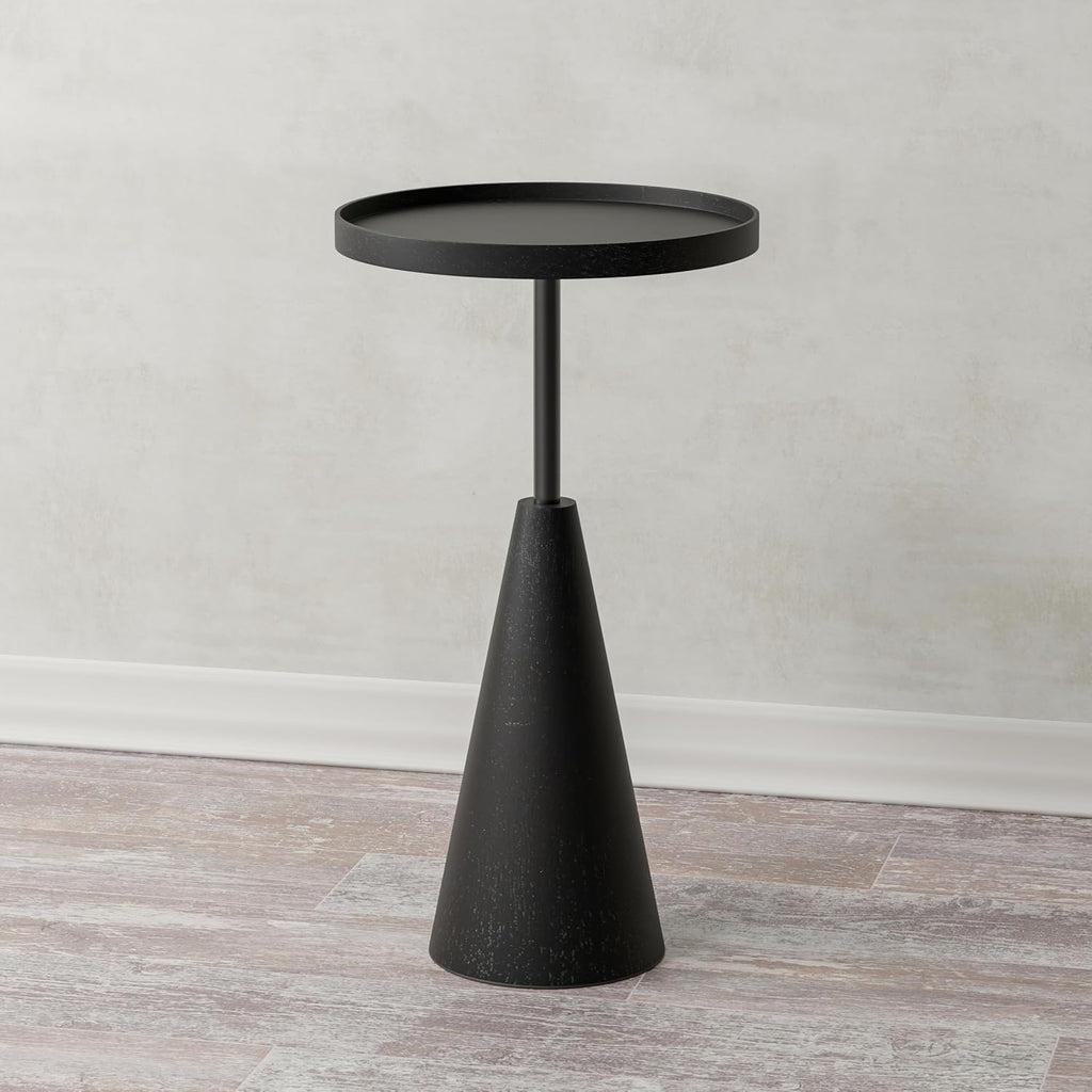 COZAYH Modern Round End Table with Raised Edge Tray Top, Wooden Pedestal Side Table with Rubber Wood Base for Living Room, Entryway, Office (Black)
