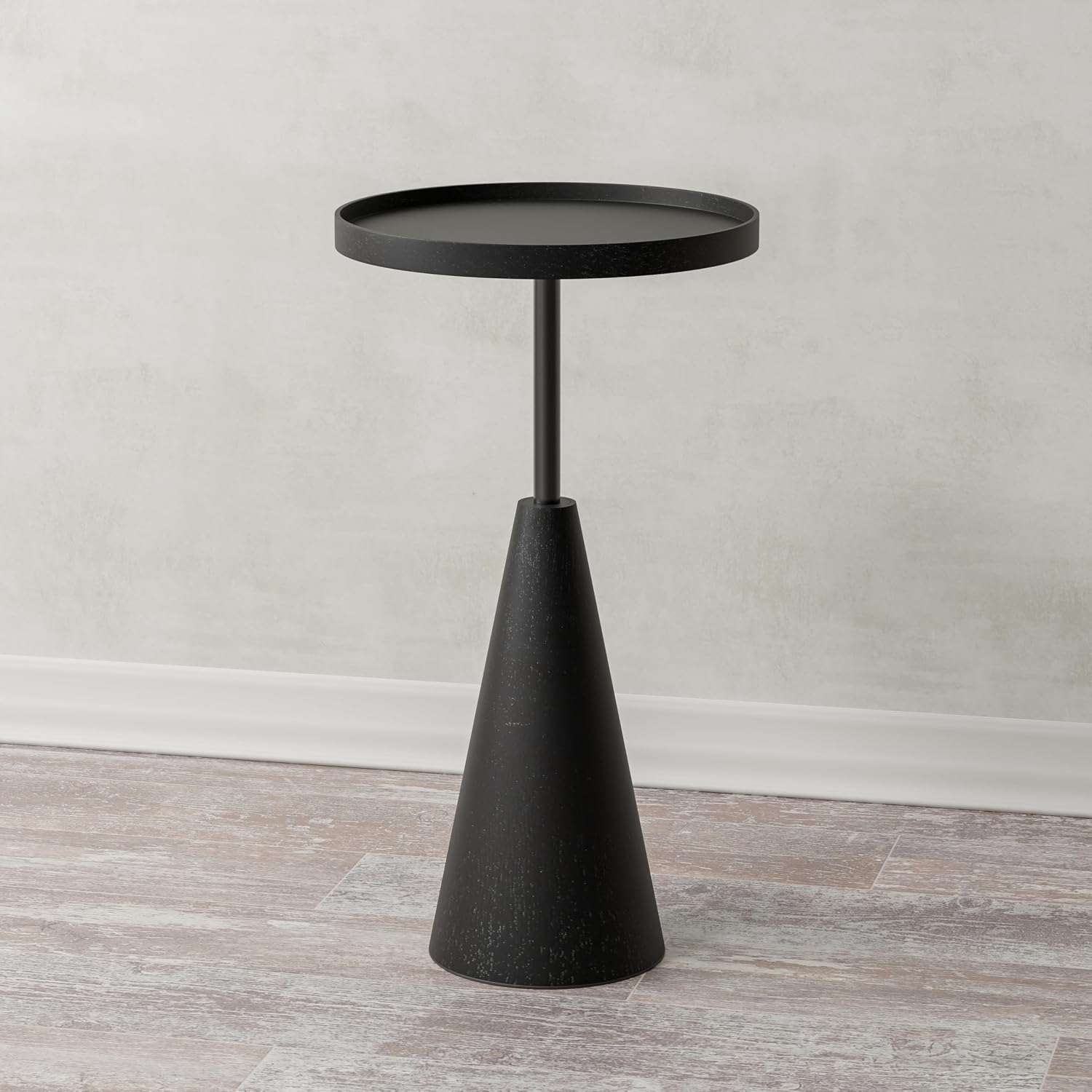 COZAYH Modern Round End Table with Raised Edge Tray Top, Wooden Pedestal Side Table with Rubber Wood Base for Living Room, Entryway, Office (Black)