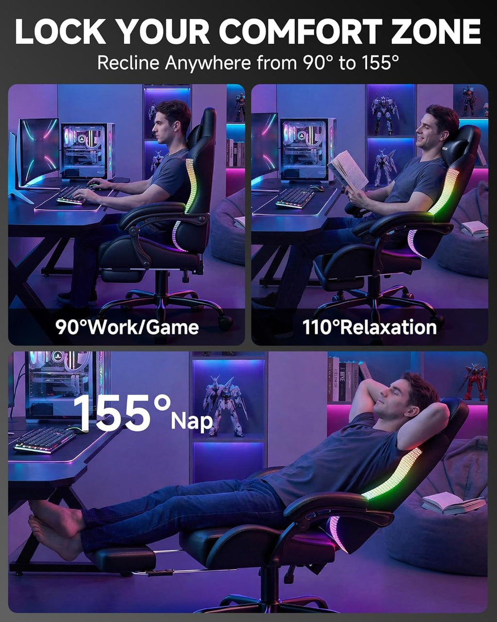 GTPLAYER RGB Gaming Chair with Footrest, Computer Gaming Chair with LED Lights for Adults, Height Adjustable PC Gamer Chair with 90-155° Recline & Removable Headrest Lumbar Support, RGB Black