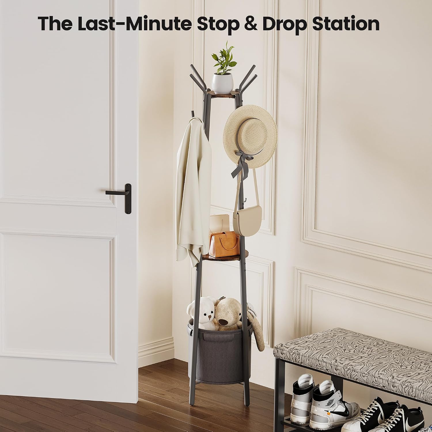 Homeiju Coat Rack with Storage Basket & 12 Hooks, Freestanding Heavy Duty Hall Tree for Entryway, Standing Coat Rack Stand for Hallway, Bedroom, Office