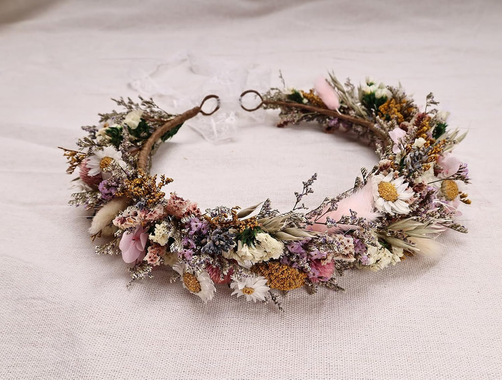 Rustic Preserved Dried Flower Crown Natural Floral Headband with Daisy Cream Mixed Flowers for Women Maternity Brides Bridesmaids Flower Girls Family Photography