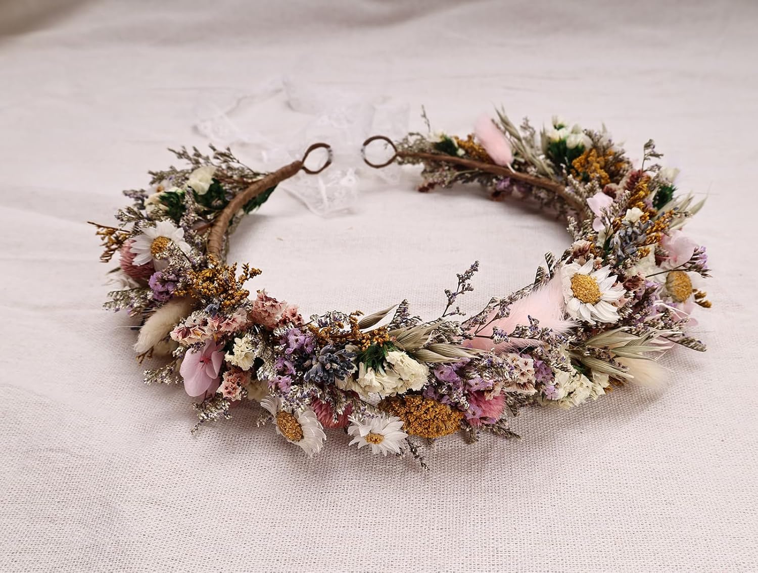 Rustic Preserved Dried Flower Crown Natural Floral Headband with Daisy Cream Mixed Flowers for Women Maternity Brides Bridesmaids Flower Girls Family Photography