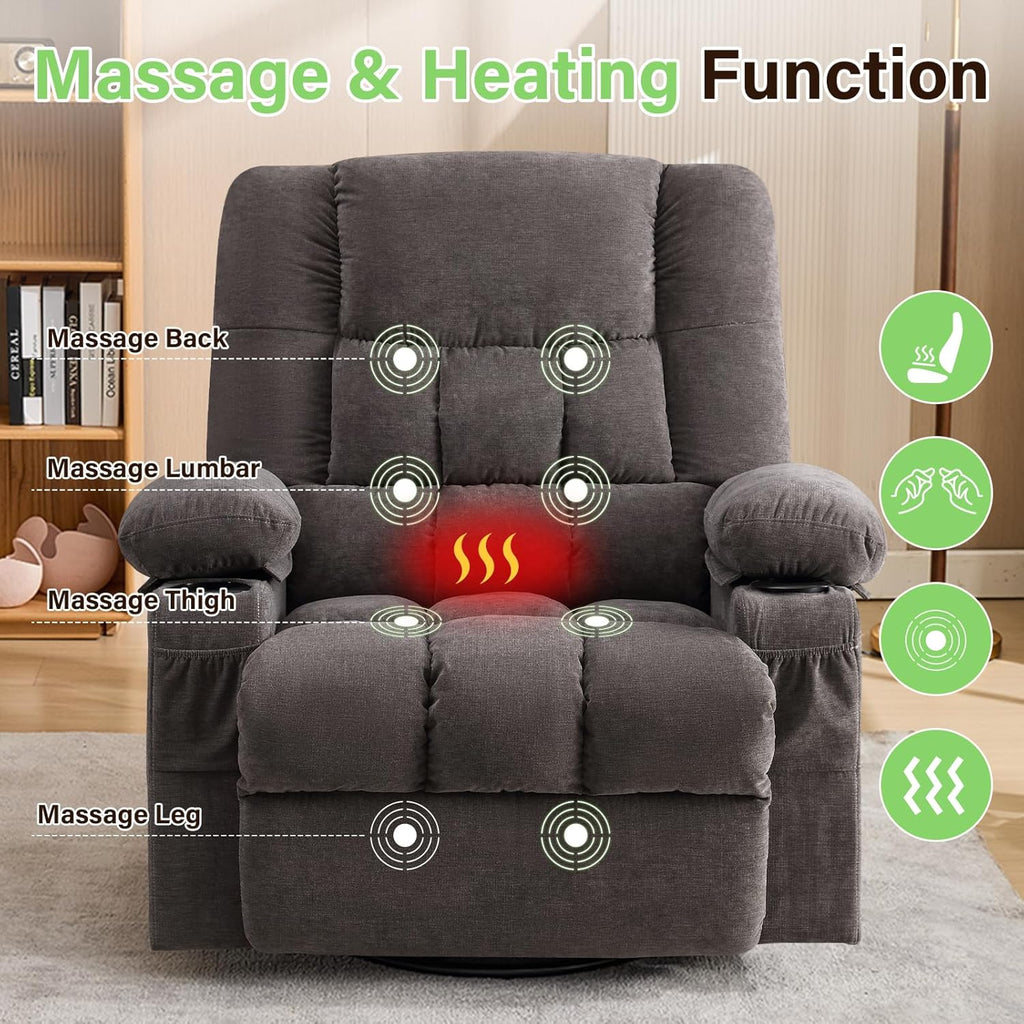 BOSMILLER 360° Swivel Rocker Recliner Chair for Adults,Oversized Recliner Chair with Massage and Heating, Manual Nursery Glider Recliner with Cup Holder and Side Pocket for Living Room, Bedroom,Grey