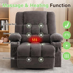 BOSMILLER 360° Swivel Rocker Recliner Chair for Adults,Oversized Recliner Chair with Massage and Heating, Manual Nursery Glider Recliner with Cup Holder and Side Pocket for Living Room, Bedroom,Grey