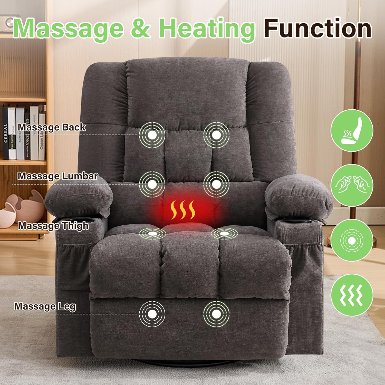 BOSMILLER 360° Swivel Rocker Recliner Chair for Adults,Oversized Recliner Chair with Massage and Heating, Manual Nursery Glider Recliner with Cup Holder and Side Pocket for Living Room, Bedroom,Grey