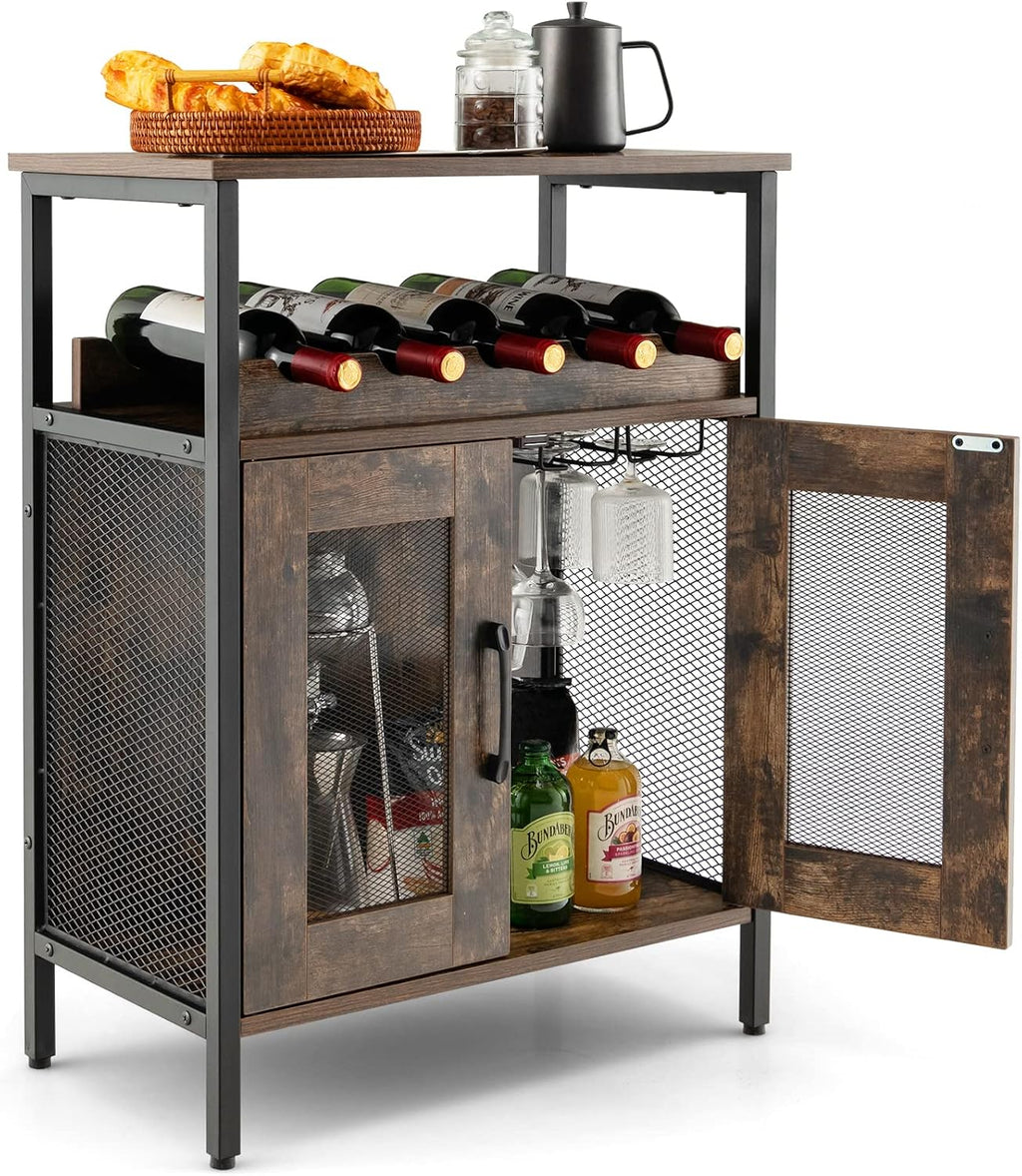TANGZON Wine Bar Cabinet, Drinks Storage Sideboard with Glass Holder and Removable Bottle Shelf, Freestanding Organizer Cupboard Unit for Home Kitchen