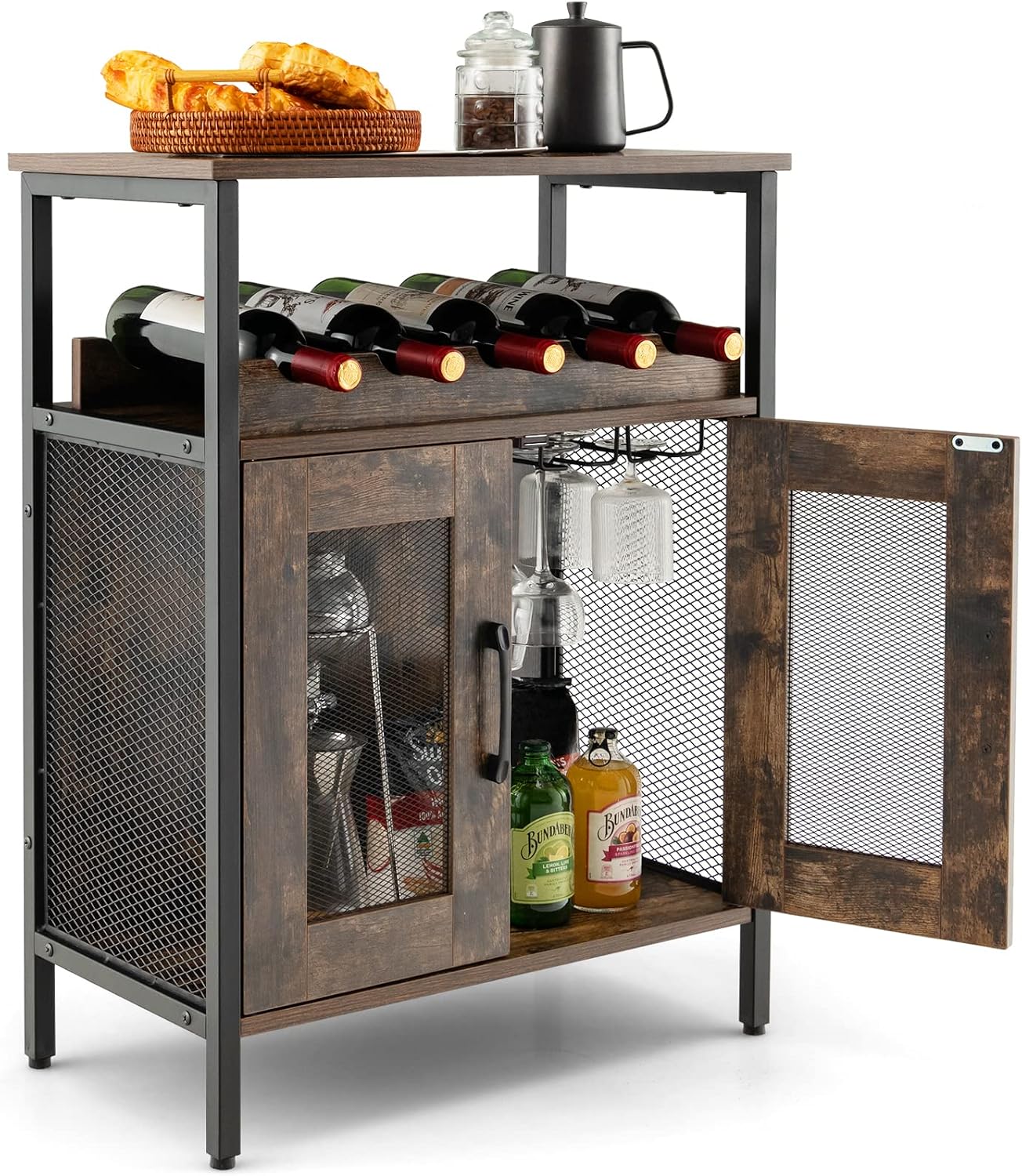 TANGZON Wine Bar Cabinet, Drinks Storage Sideboard with Glass Holder and Removable Bottle Shelf, Freestanding Organizer Cupboard Unit for Home Kitchen