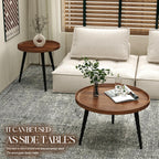 2 Pcs Mid Century Modern Coffee Table Round for Living Room,Easy Assembly Nesting Coffee Tables,Minimalist Circle Walnut Coffee Table for Bedroom Office Balcony Yard
