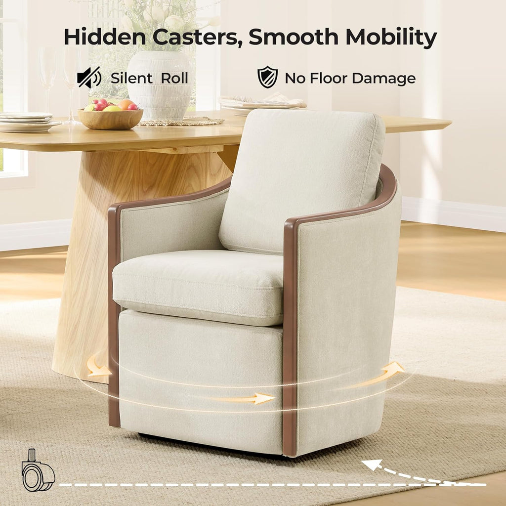 CHITA Upholstered Dining Chairs Set of 2 with Hidden Casters, Modern Dining Chair with Backrest & Wood Armrest, Chenille Barrel Chairs for Dining Room, Kitchen Chairs Fully Assembled, Cream