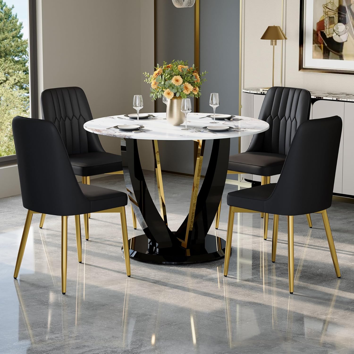 42" Round Dining Table for 4-6, Modern Faux Marble Kitchen Tabletop with Black Wood Pedestal and Gold Metal Frame, Circle Dinner Table for Dining Room