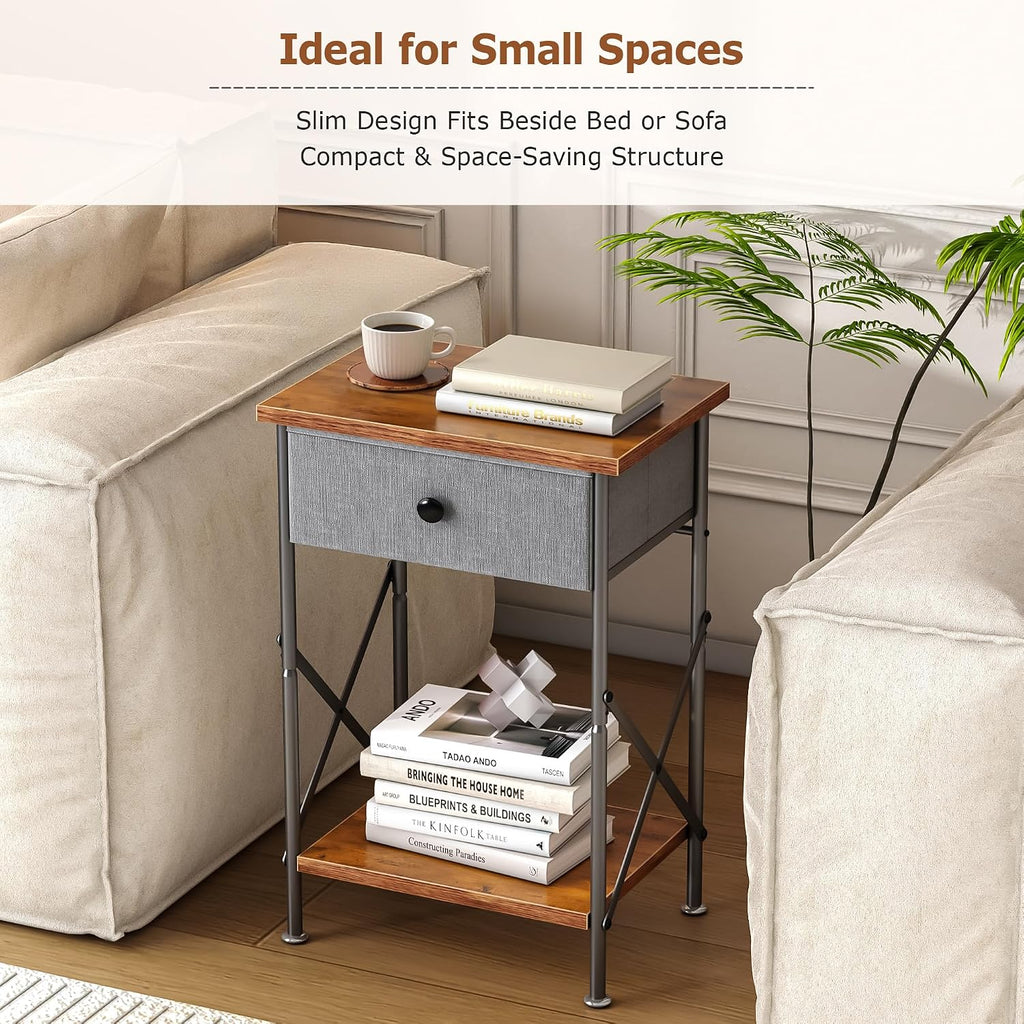 VECELO Night Stand Set of 2, Nightstand for Apartment, Dorm End Table for Small Spaces, Wood Side Table for Living Room, Bedside Table with Drawer for Bedroom, Easy Assembly, Rustic Brown