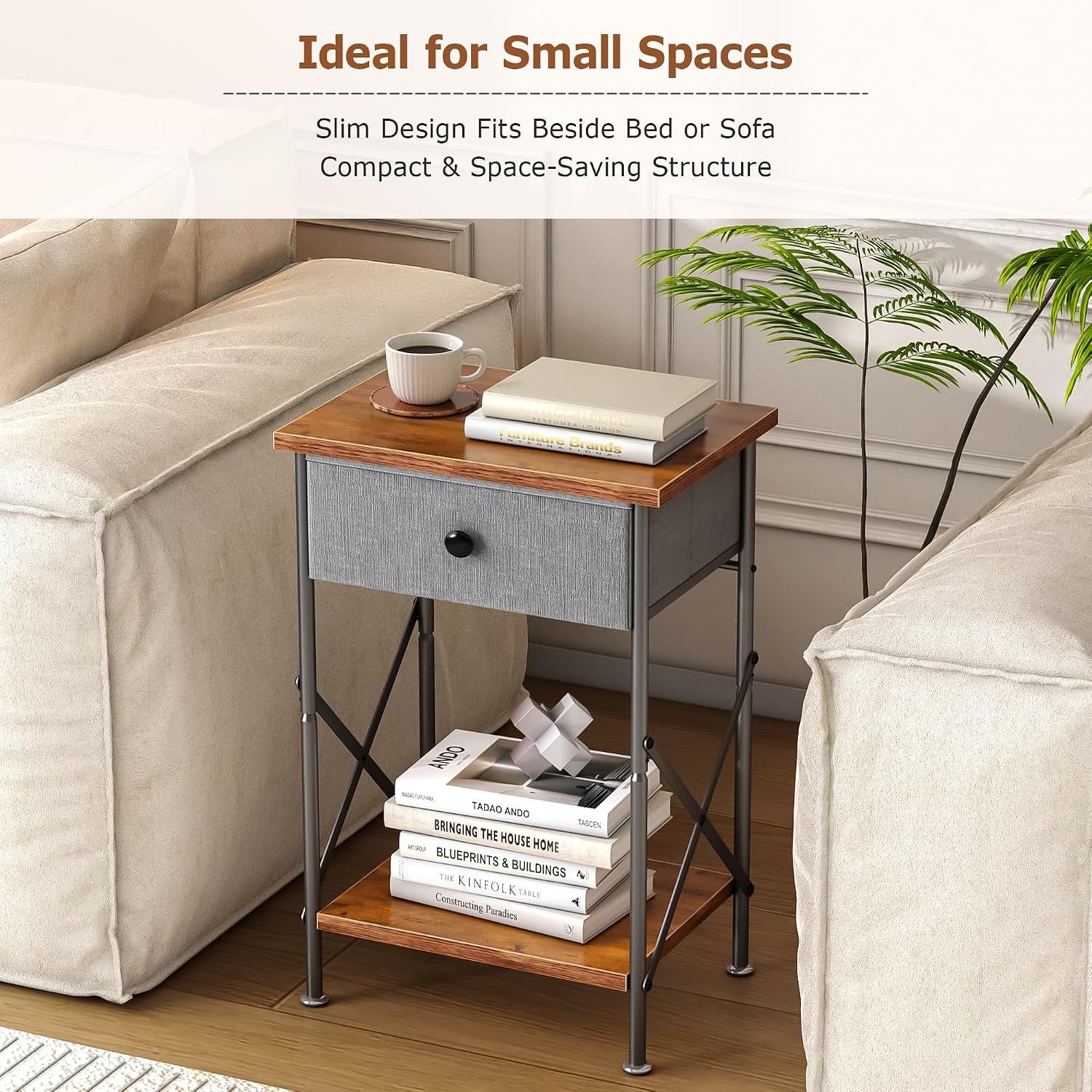 VECELO Night Stand Set of 2, Nightstand for Apartment, Dorm End Table for Small Spaces, Wood Side Table for Living Room, Bedside Table with Drawer for Bedroom, Easy Assembly, Rustic Brown