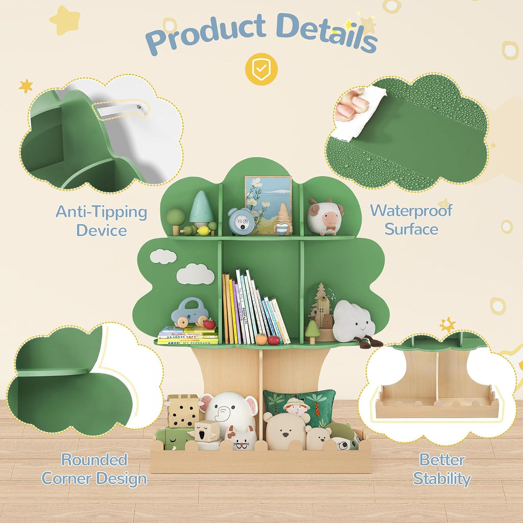 Curipeer Tree Kids Bookshelf with Bottom Fence, Toddler Bookshelf for Kids, Baby Montessori Bookshelf and Toy Storage, Wooden Bookcase, Book Shelf for Kids Rooms, Nursery, Bedroom, Playroom, Green