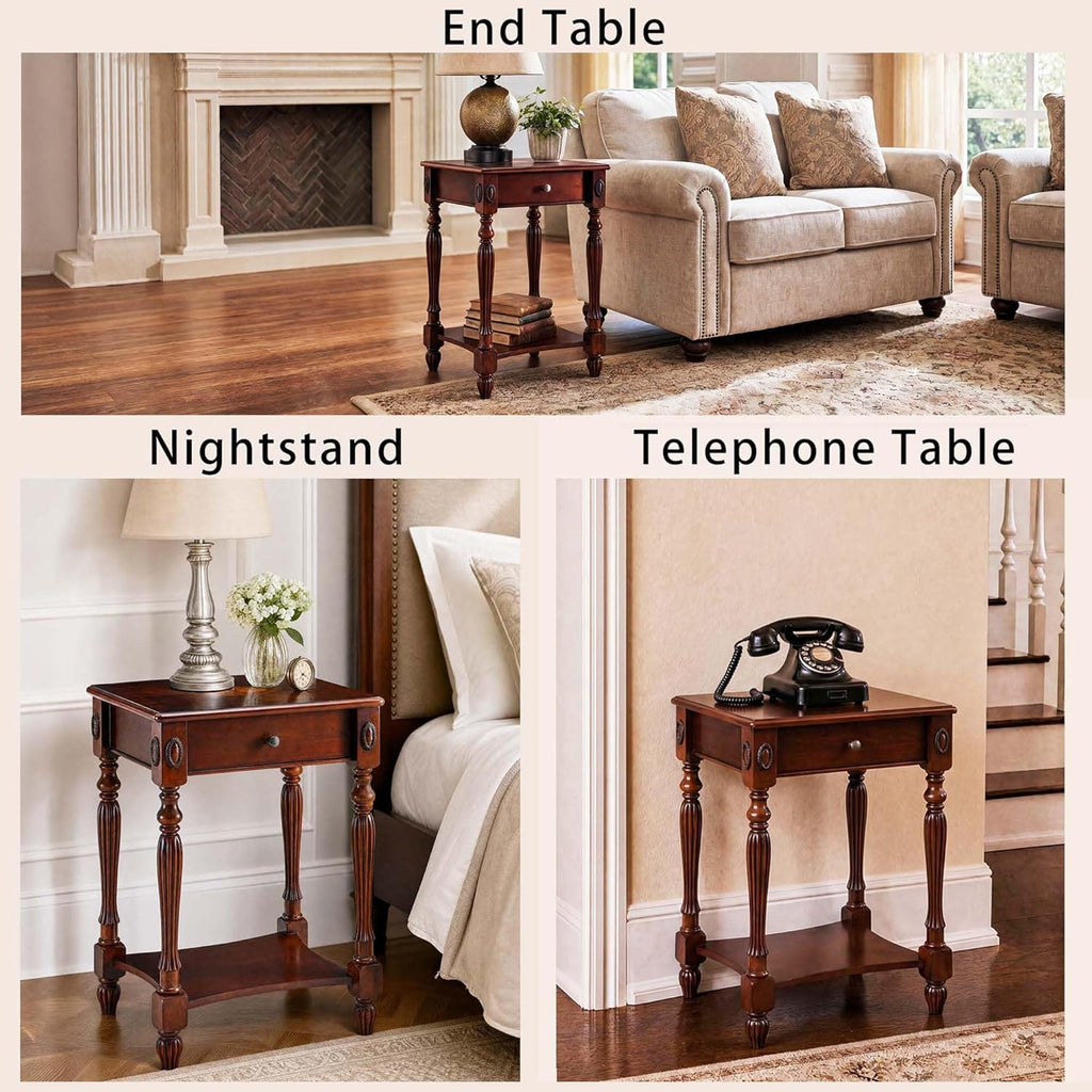 Narrow End Side Table with Drawer and Storage Shelf Set of 2, Sofa Beside Table,No-Tools Assembly Antique Wood Nightstand for Living Room,Small Space, 27.6”H x 19.7”L x 15.7”W Cherry Walnut GBJ1533WD