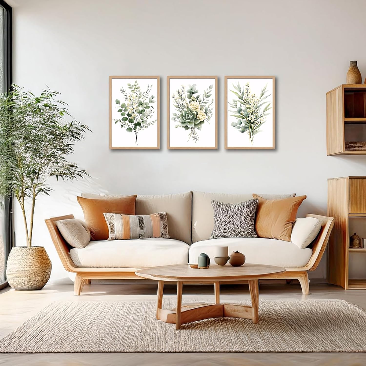 3Pcs Framed Vintage Botanical Wall Art Plant Floral Watercolor Canvas Prints Sage Green Painting Eucalyptus Leaf Picture Modern Minimalist Boho Bedroom Bathroom Living Room Ready to Hang 12x16in