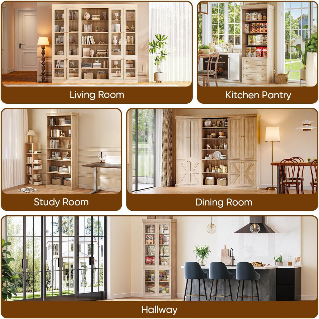 Vyre 70.8" Tall Kitchen Pantry Cabinet with Doors, Farmhouse Modular Storage Cabinet with 4-Tier Adjustable Shelves, Large Storage Cabinet for Kitchen or Living Room, Set of 3, Brown