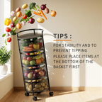 JAQ No Assembly Kitchen Storage Cart with Wheels, 4-Tier Rotating Vegetable & Onion Storage Rack, Metal Produce Organizer for Potato, Fruit and Pantry, Black