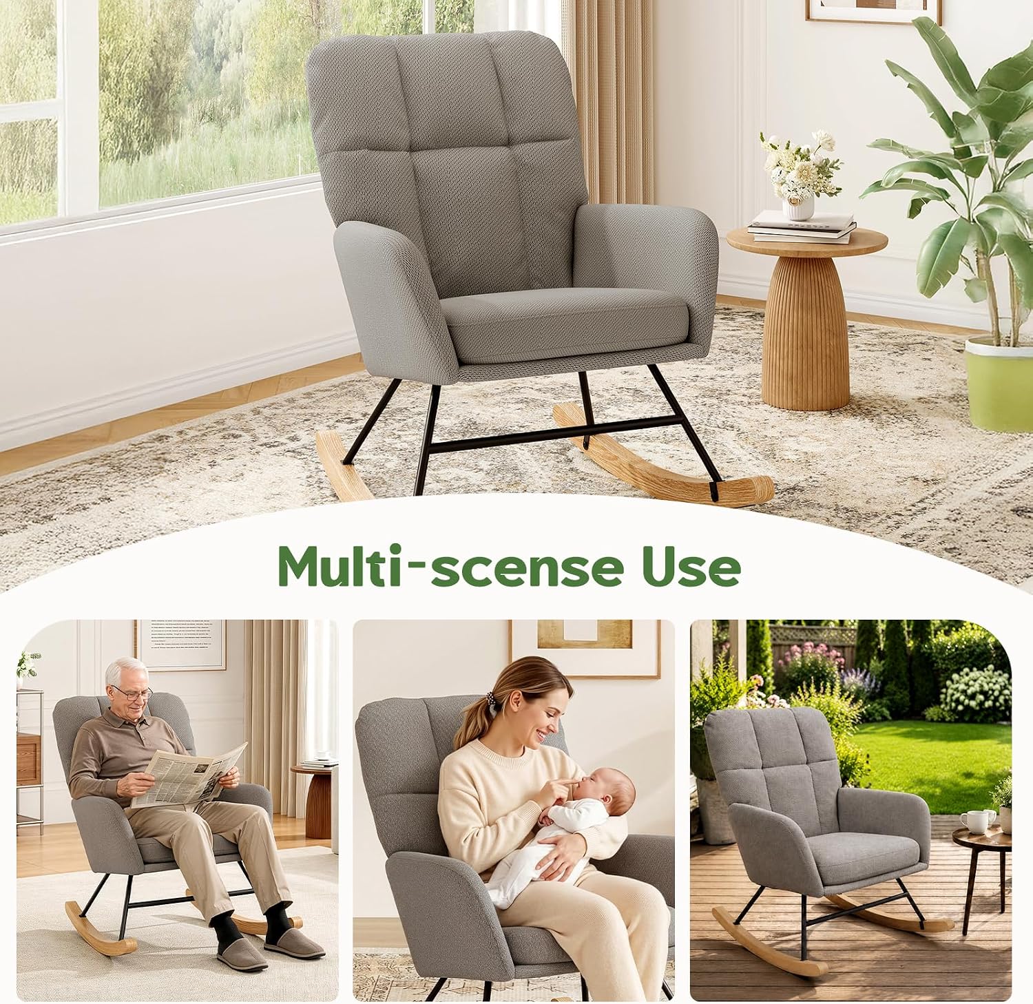 Rocking Chair Nursery High Back Glider Rocker Chair Indoor for Adult | 20" Wide Seat Fleece Upholstered Solid Wood Legs Comfy Gentle Rock for Living Room Bedroom Nursing Room Reading Nook