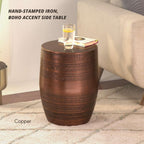 Modern Round Aluminum Hammered Embossed Texturing Metal End Table, Hand-Stamped Iron, Boho Accent Side Table, Drum Shaped, for the Living Room and Bedroom, Copper