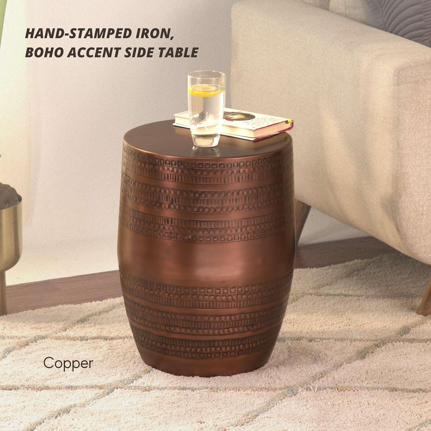 Modern Round Aluminum Hammered Embossed Texturing Metal End Table, Hand-Stamped Iron, Boho Accent Side Table, Drum Shaped, for the Living Room and Bedroom, Copper