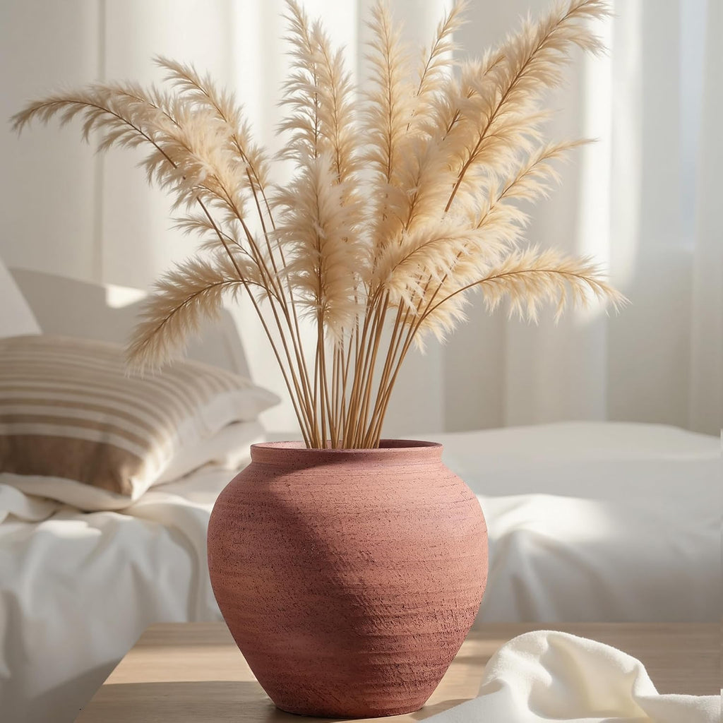 Rustic Terracotta Ceramic Vase, 6.7” Wabi-Sabi Clay Flower Vase, Handmade Pottery Vase for Dried Flowers, Boho Farmhouse Table Centerpiece for Entryway, Shelf, Nightstand Decor
