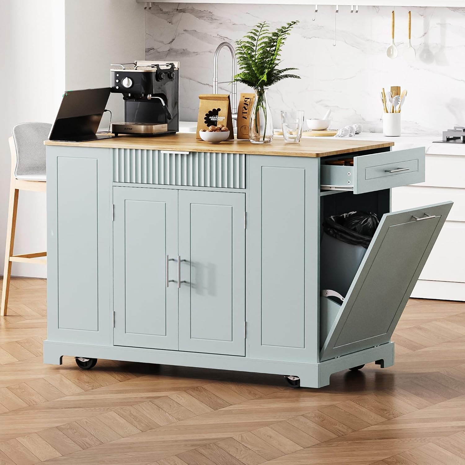 Kitchen Island with Trash Can Storage Cabinet and Power Outlet, Rolling Kitchen Cart on Wheels with Internal Storage Rack, Drawers, Open Side Racks for Dining Room (48.5", Grey Blue)