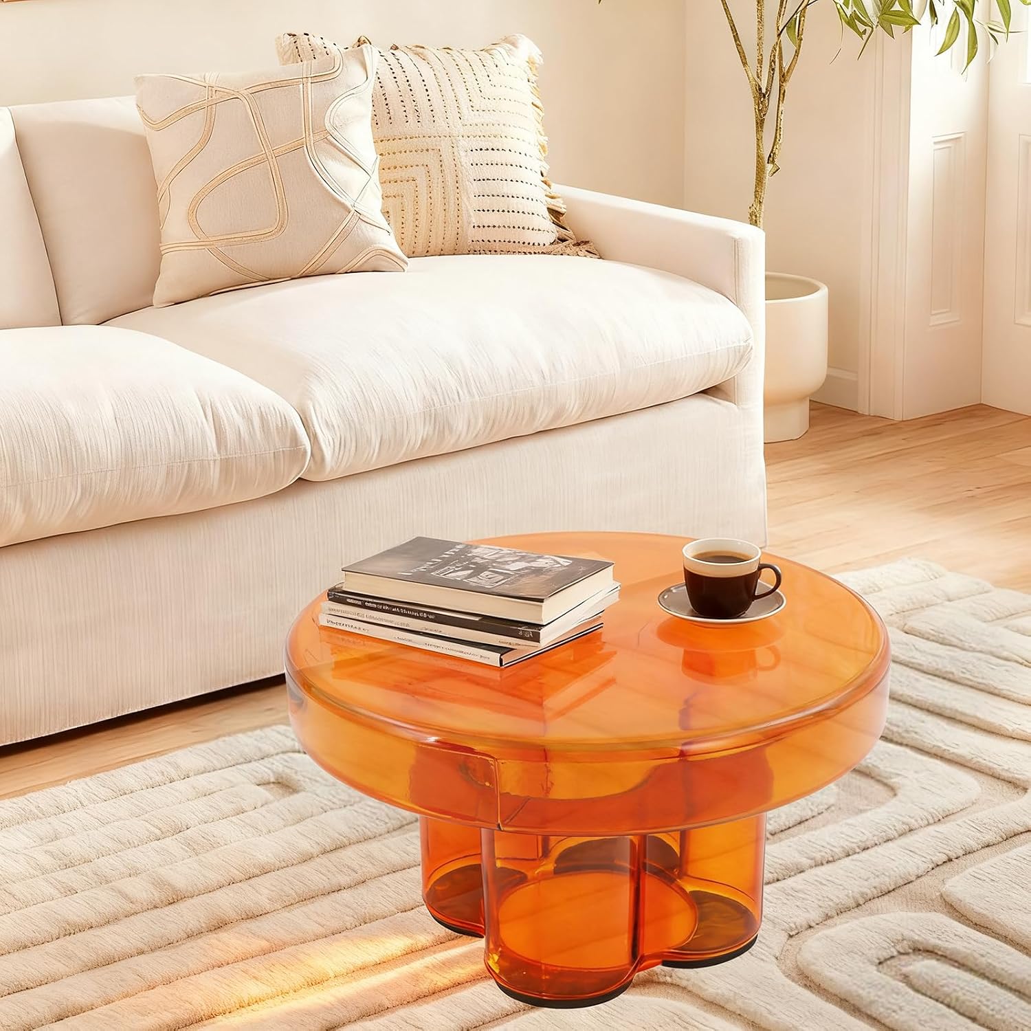 Coffee Table, Round Glass Side Table with Unique Petal Design Pedestal, Simple Center Tables, Modern End Tables with Tempered Glass-Base and Top for Small Spaces