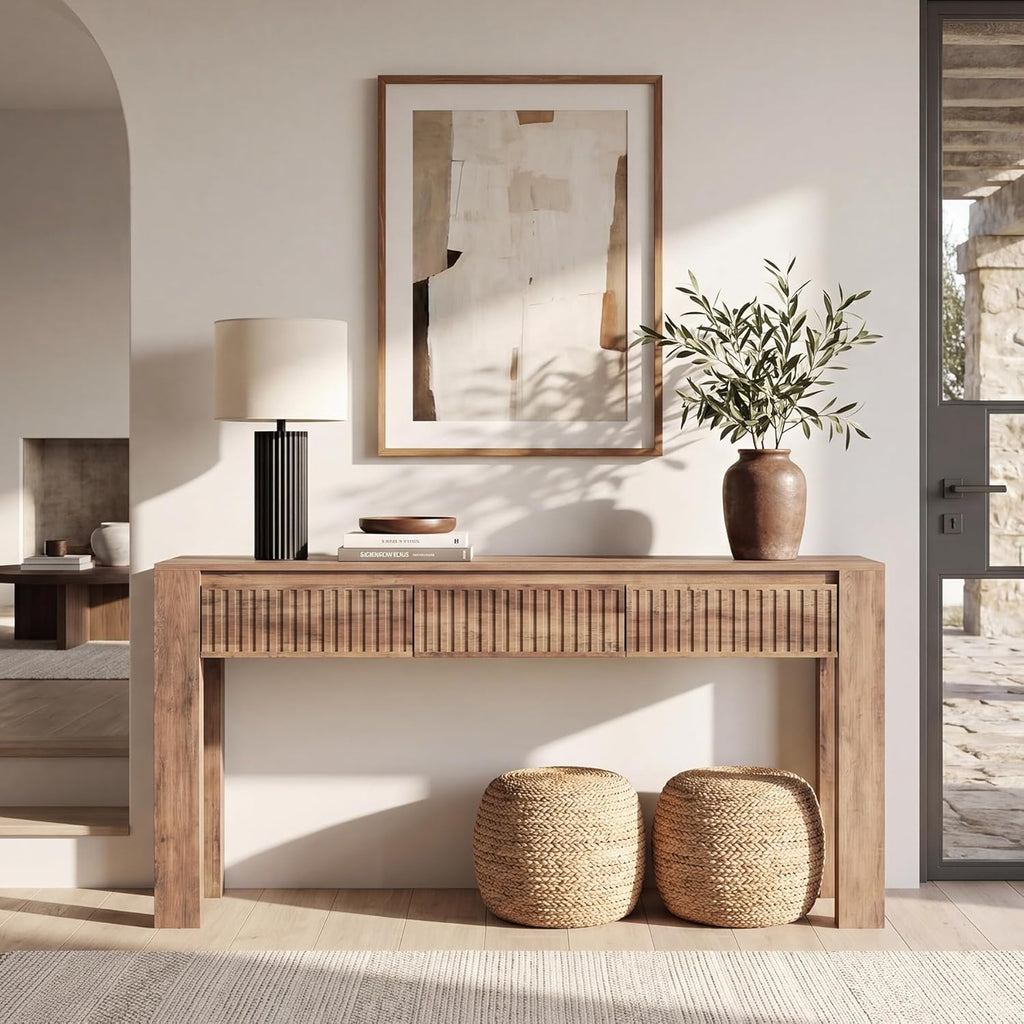 LITTLE TREE 63 Inches Long Console Table with 3 Drawers, Brown Sofa Table Behind Couch for Living Room, Wooden Hallway Foyer Entry Table for Entrance