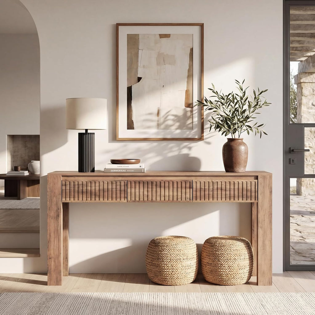 LITTLE TREE 63 Inches Long Console Table with 3 Drawers, Brown Sofa Table Behind Couch for Living Room, Wooden Hallway Foyer Entry Table for Entrance