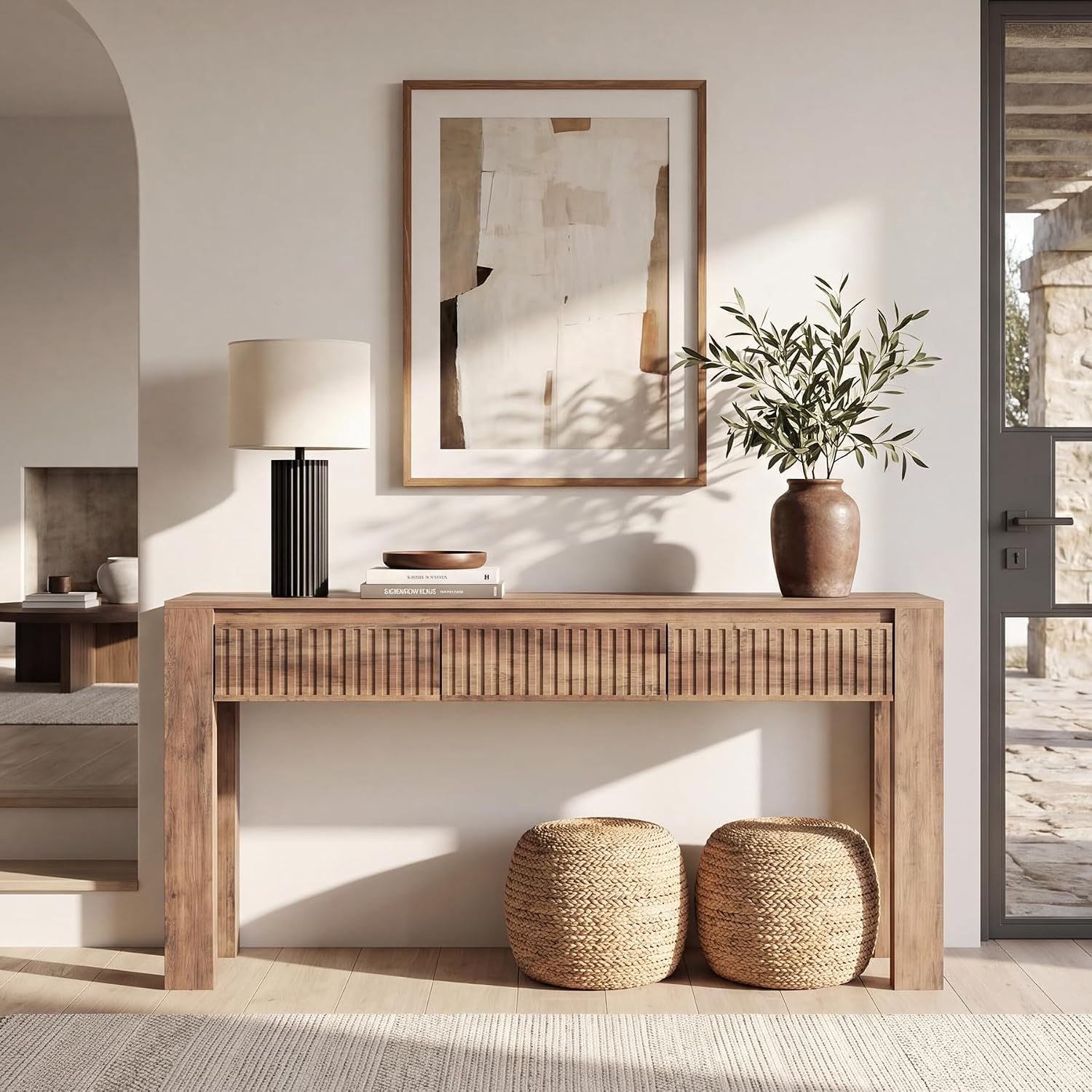 LITTLE TREE 63 Inches Long Console Table with 3 Drawers, Brown Sofa Table Behind Couch for Living Room, Wooden Hallway Foyer Entry Table for Entrance