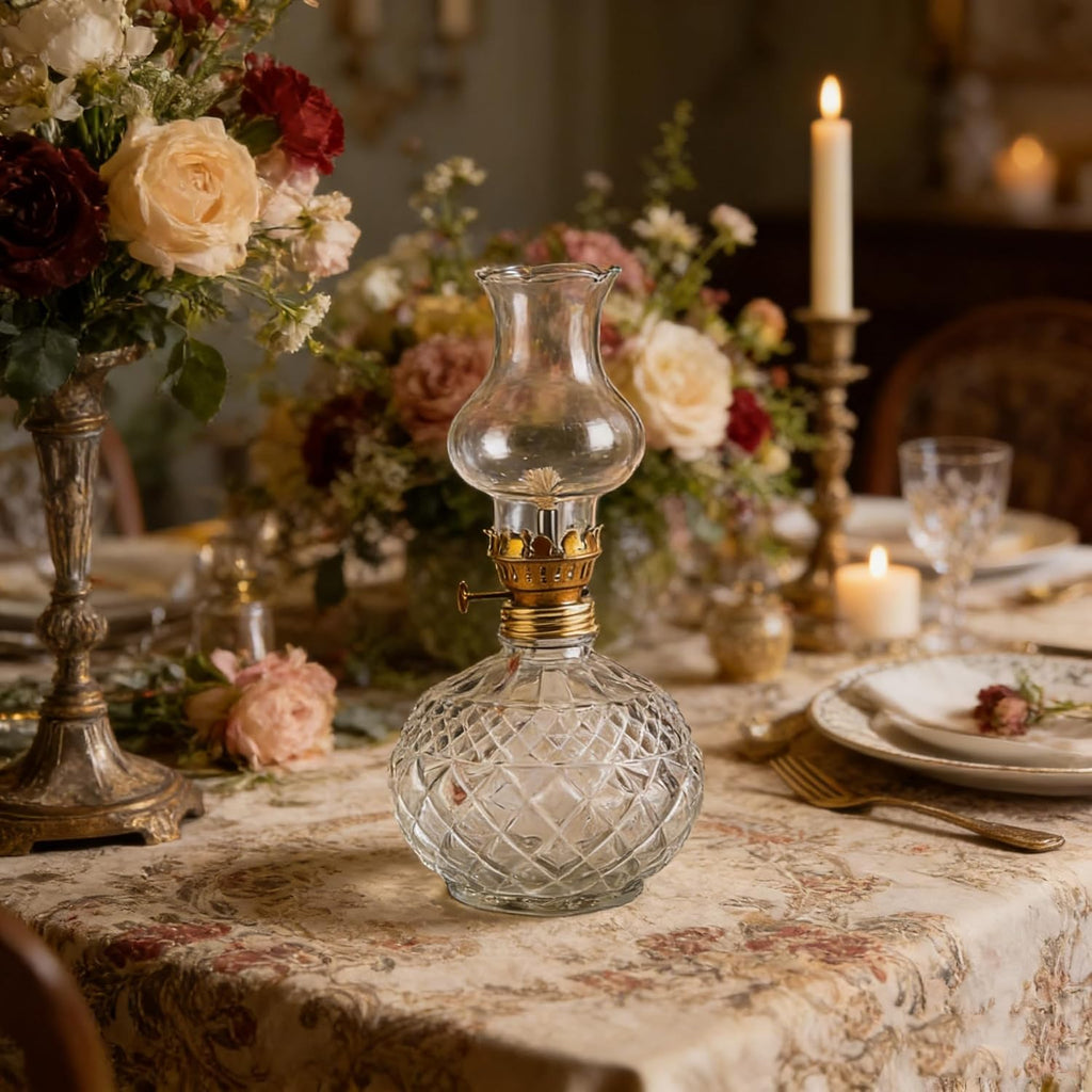 Vintage Style Oil Lamp with Glass Candle Holder, Glass Chamber Oil Lamp – Vintage GlassKerosene Lantern with Adjustable Wick, for Living Room and Bedroom Ambiance (White)