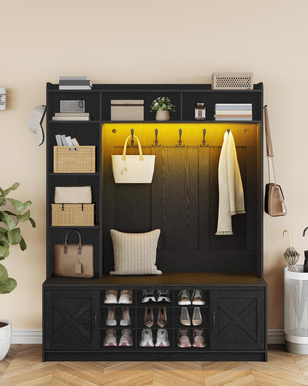 Hzuaneri 59.8" Hall Tree, LED Farmhouse Entryway Storage and Coat Rack Wood, Entryway Furniture with 7 Hooks, Hall Tree with Bench and Storage, 6 Storages Partitions Shoe Bench, Black HT24804X