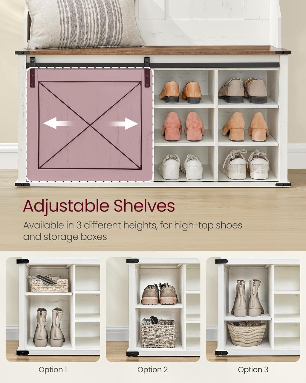 VASAGLE Hall Tree with Bench and Shoe Storage, Coat Rack with Shoe Bench, Entryway Furniture, 6 Tri-Hooks, Sliding Door, Farmhouse Style, Space Saving, Rustic White and Honey Brown UHSR442W01V1