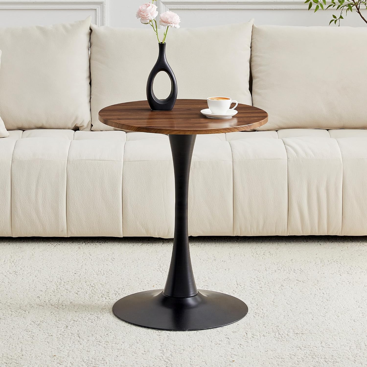 Walnut Round Dining Table for Small Space,24" Tulip Tables with Metal Pedestal Base,Bistro Table for 2 People for Office,Apartment,Kitchen,Break Room