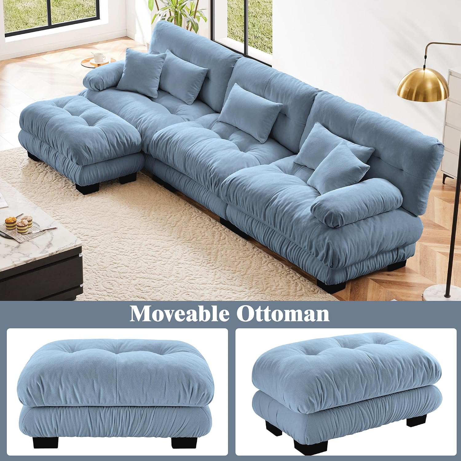 Oversized Modular Velvet Sectional Cloud Sofa Couch with Movable Ottoman,Corner Sofa with Comfortable Armrests, Deep Seat, Convertible L or U Shaped Couch (Sky-Light Blue, 3 Seat + 1 Ottoman)